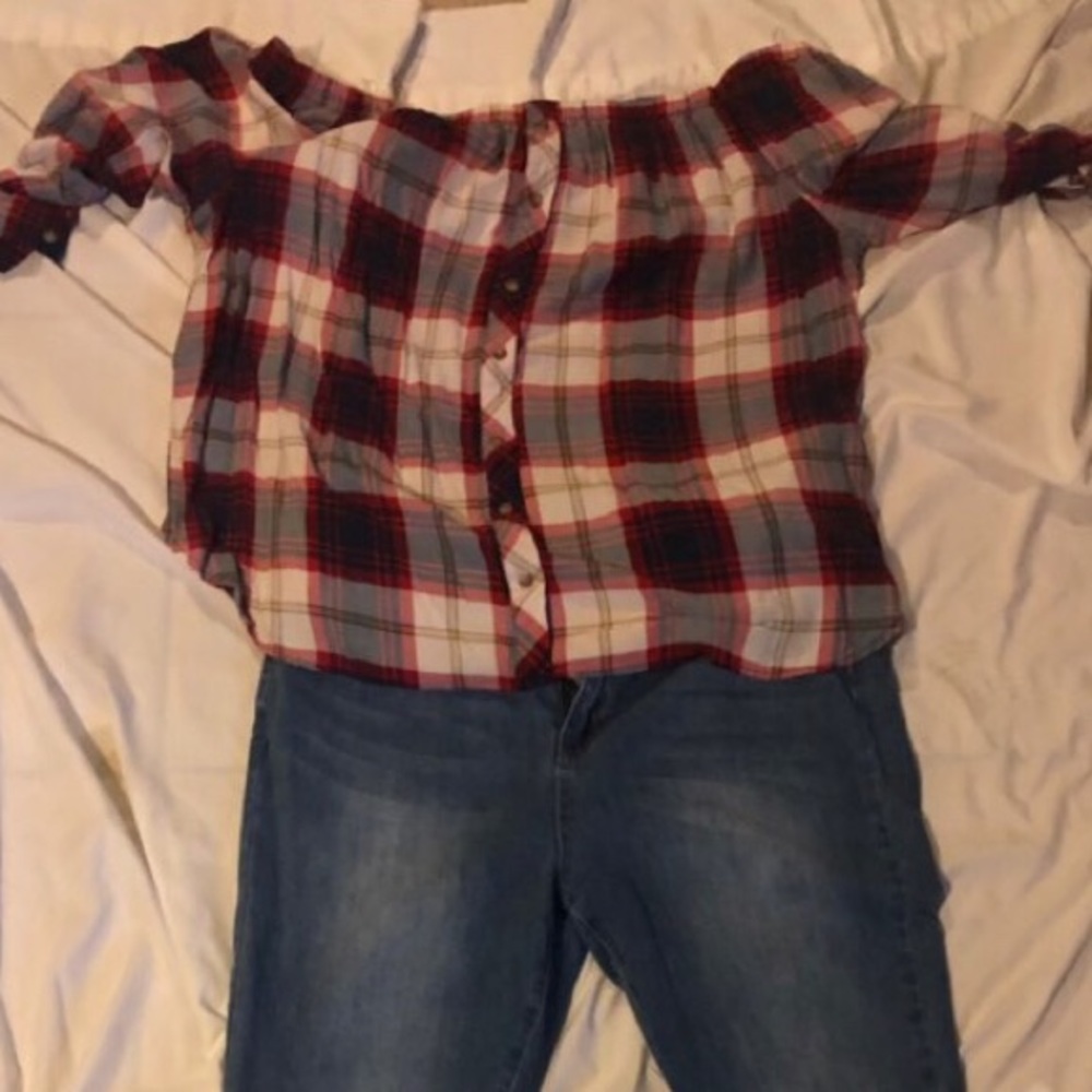 Plaid off the shoulder top